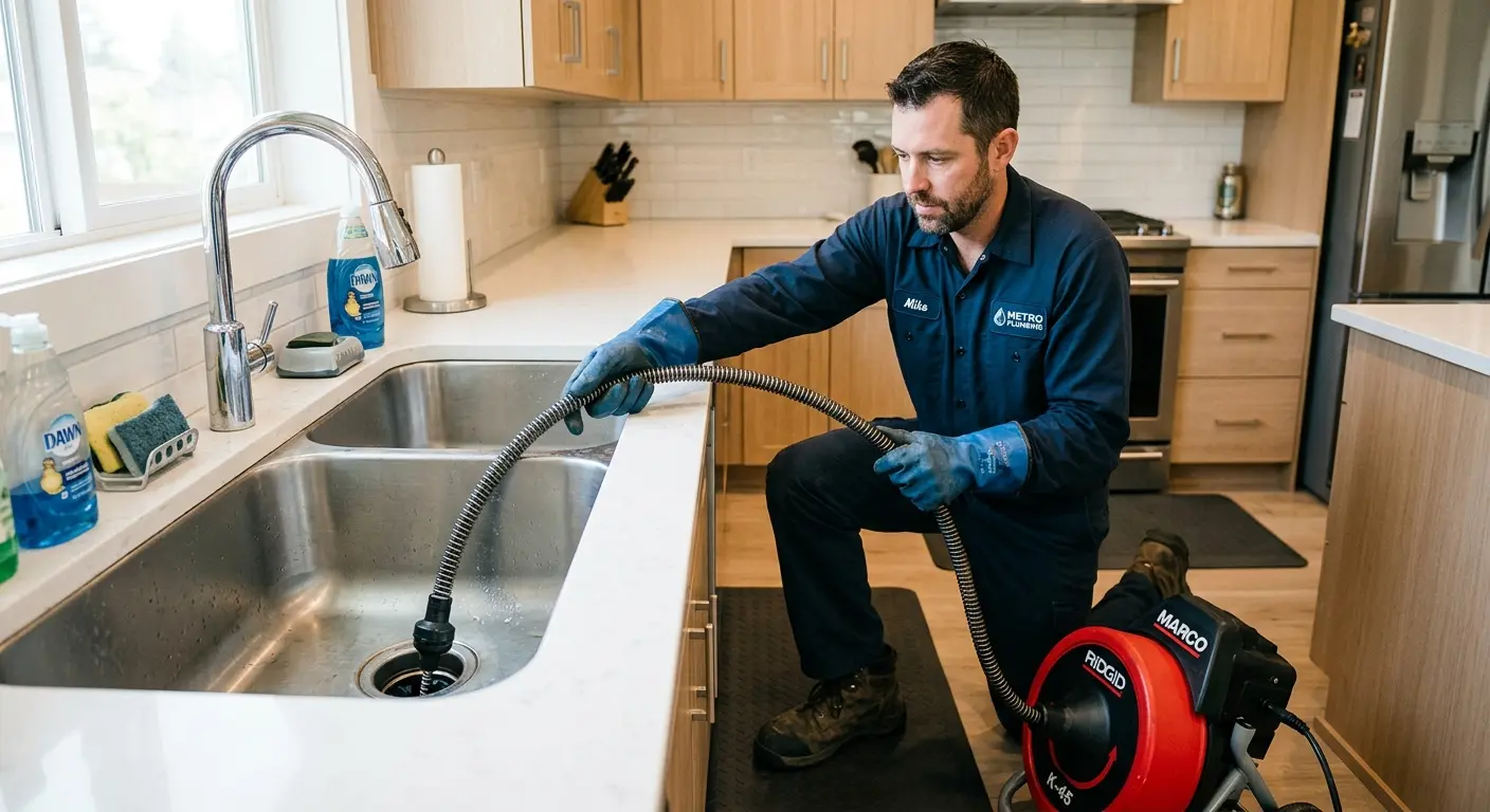 Drain cleaning technician using a motorized snake on a kitchen sink in Silverton