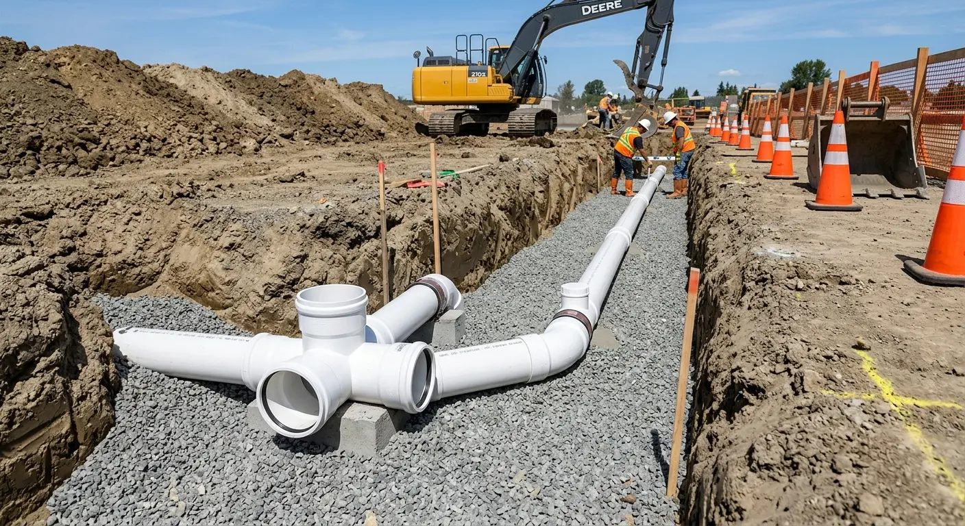 New PVC sewer pipe installation in open trench for Sewer Backup in Silverton