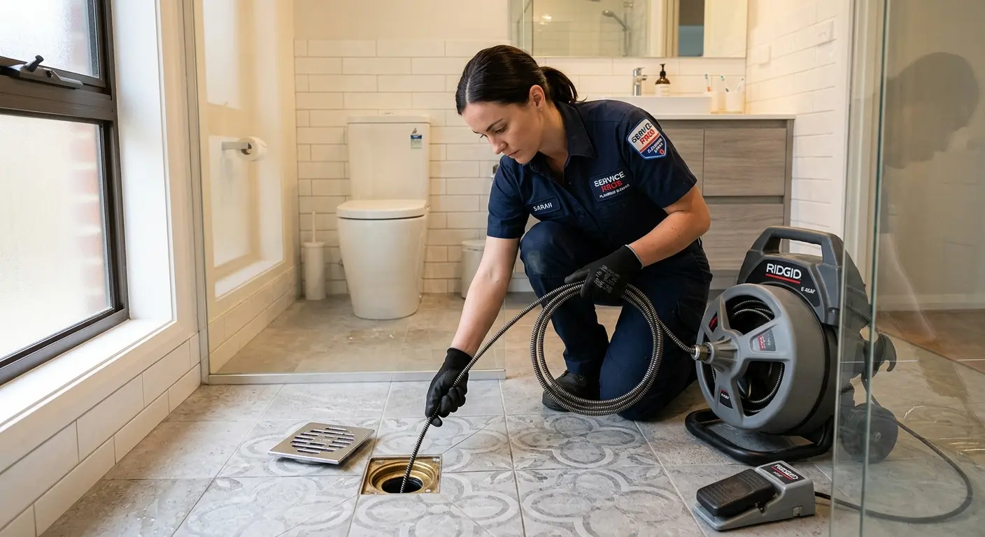 Technician clearing a bathroom floor drain for Drain Cleaning in Silverton